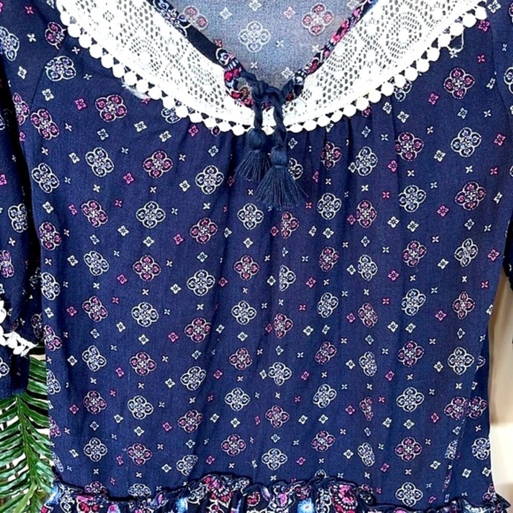 Brand New Self Esteem Blue Peasant Top w/ Lace Accent Ruffle Boho Blouse - Picture 9 of 13